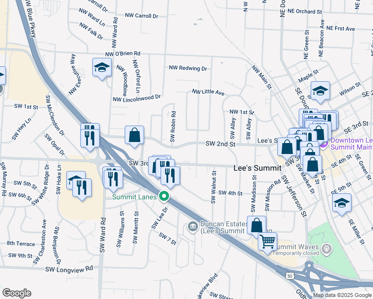 map of restaurants, bars, coffee shops, grocery stores, and more near 607 Southwest 2nd Street in Lee's Summit