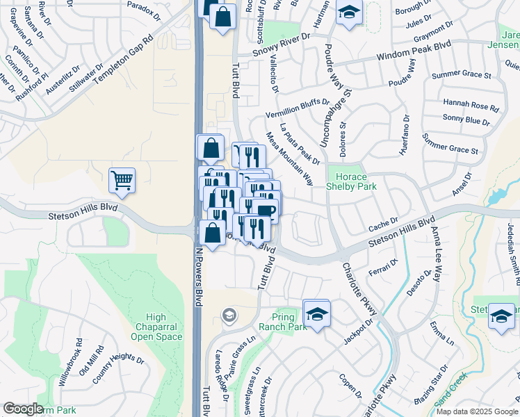 map of restaurants, bars, coffee shops, grocery stores, and more near 6042 Stetson Hills Blvd in Colorado Springs