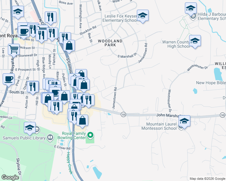 map of restaurants, bars, coffee shops, grocery stores, and more near 9 Gloucester Road in Front Royal