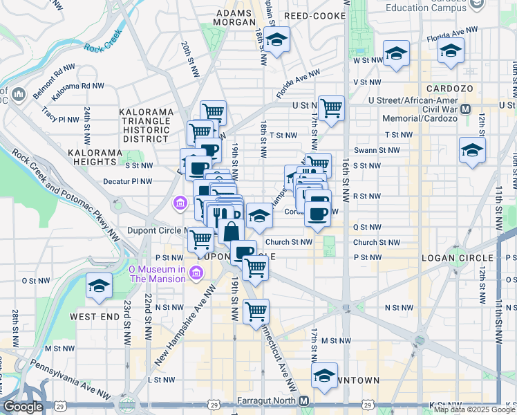 map of restaurants, bars, coffee shops, grocery stores, and more near 1616 18th Street Northwest in Washington