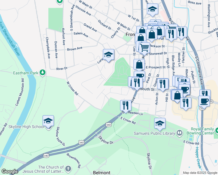 map of restaurants, bars, coffee shops, grocery stores, and more near 186 Elsia Drive in Front Royal