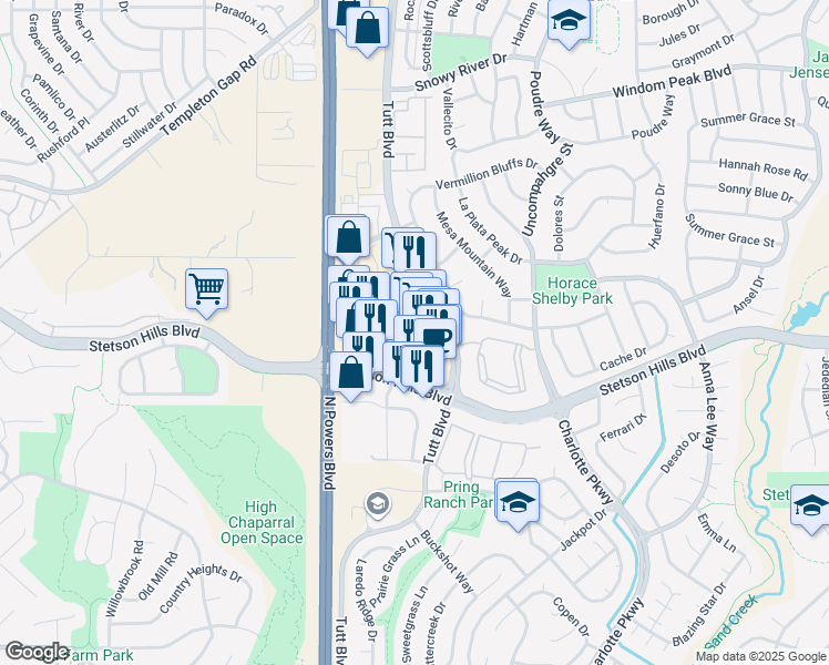 map of restaurants, bars, coffee shops, grocery stores, and more near 6030 Stetson Hills Boulevard in Colorado Springs
