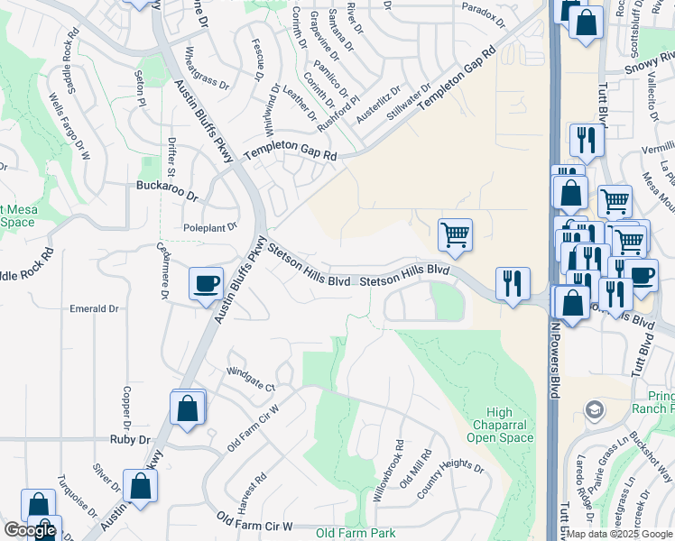 map of restaurants, bars, coffee shops, grocery stores, and more near 5360 Sunset Ridge Drive in Colorado Springs