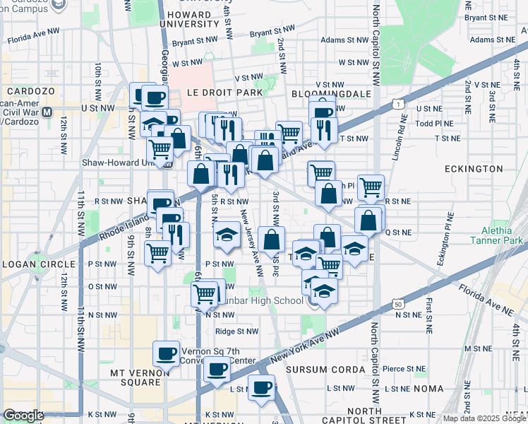 map of restaurants, bars, coffee shops, grocery stores, and more near 101 Independence Avenue Southeast in Washington