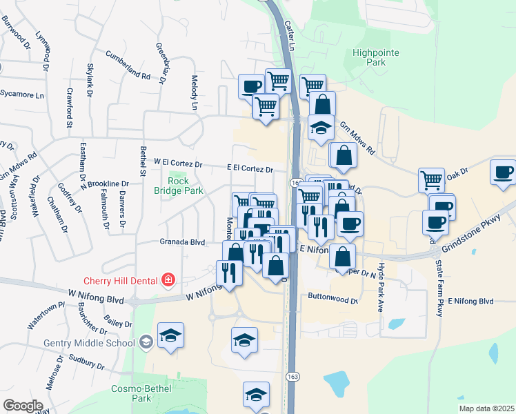 map of restaurants, bars, coffee shops, grocery stores, and more near 3605 South Providence Road in Columbia