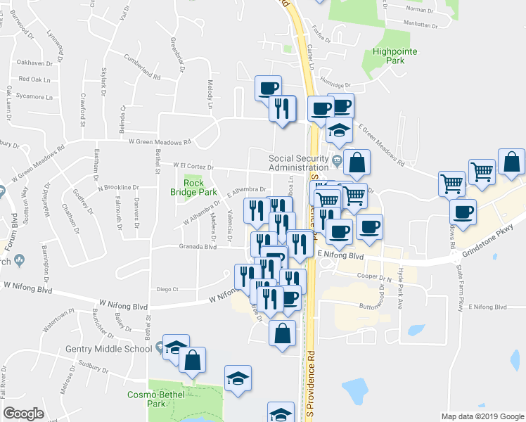 map of restaurants, bars, coffee shops, grocery stores, and more near 3606 Monterey Drive in Columbia