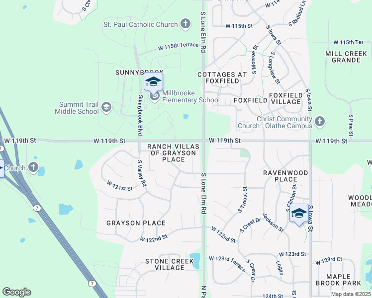 map of restaurants, bars, coffee shops, grocery stores, and more near 800 South Tallgrass Drive in Olathe
