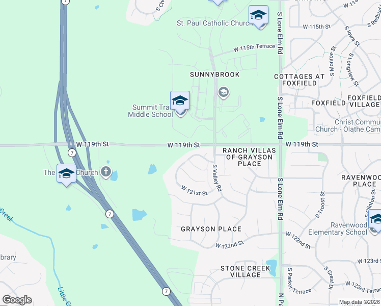 map of restaurants, bars, coffee shops, grocery stores, and more near 21933 West 120th Street in Olathe