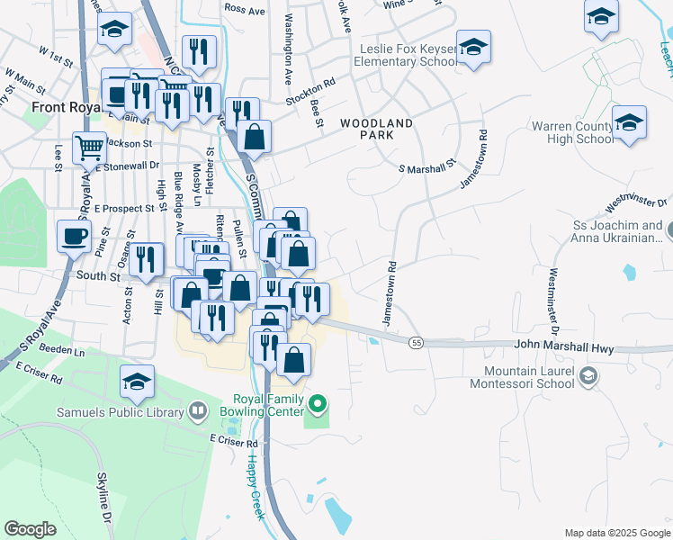 map of restaurants, bars, coffee shops, grocery stores, and more near 3 Beau Lane in Front Royal