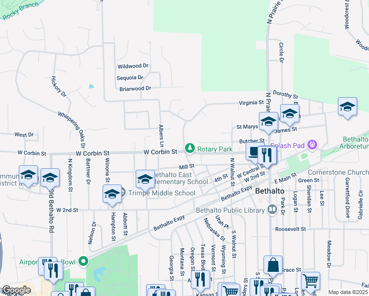 map of restaurants, bars, coffee shops, grocery stores, and more near 547 Grant Street in Bethalto