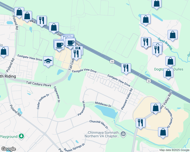 map of restaurants, bars, coffee shops, grocery stores, and more near Feltre Terrace in Chantilly
