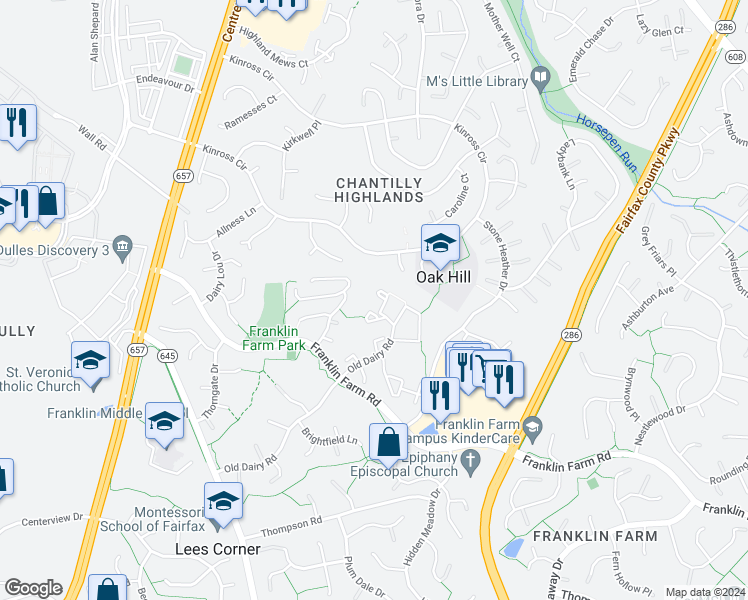 map of restaurants, bars, coffee shops, grocery stores, and more near 13495 Old Dairy Court in Herndon