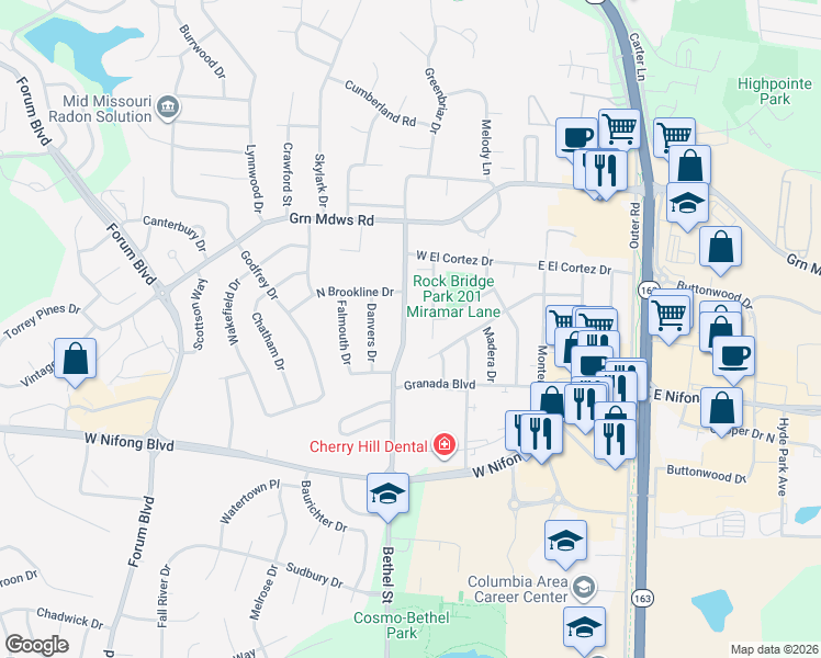 map of restaurants, bars, coffee shops, grocery stores, and more near 3604 Bethel Street in Columbia