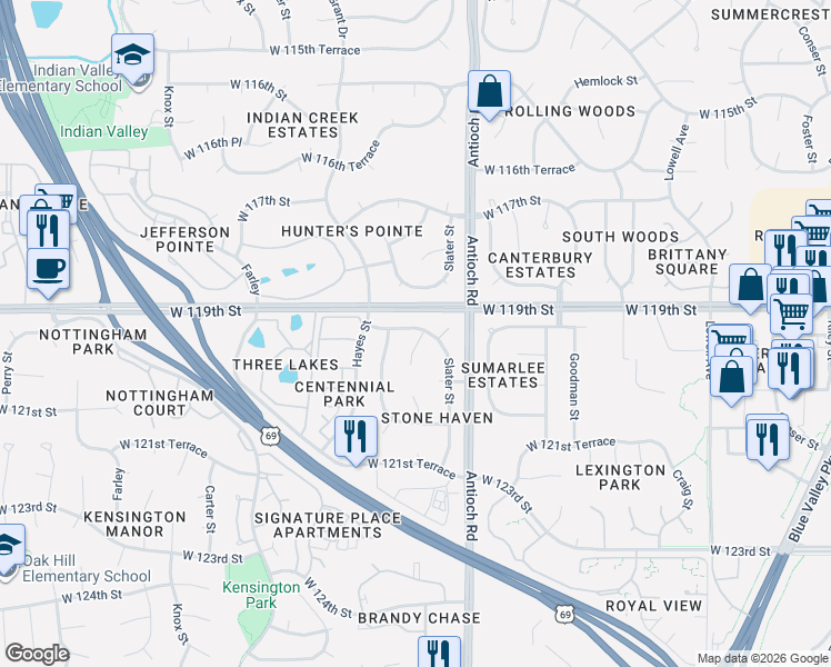 map of restaurants, bars, coffee shops, grocery stores, and more near 11918 Grandview Street in Overland Park