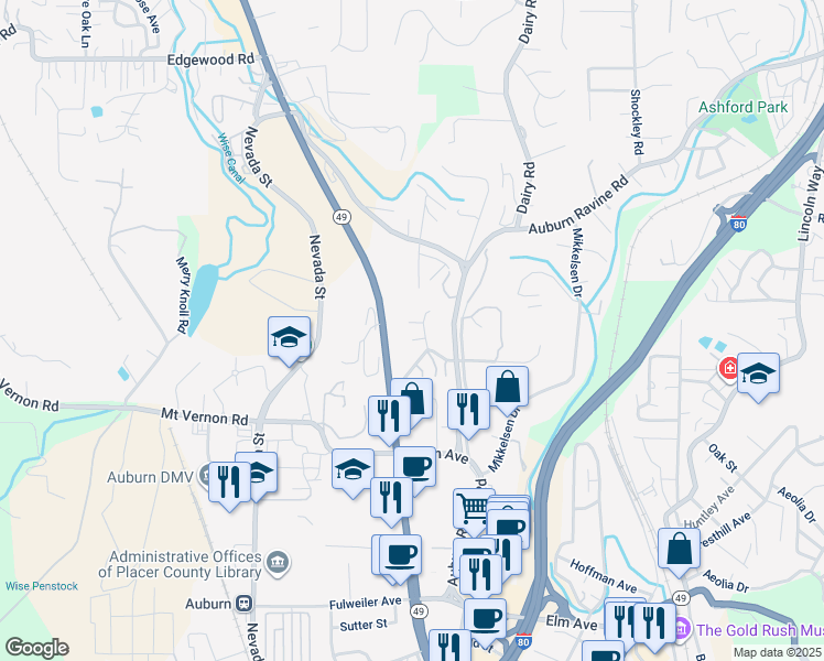 map of restaurants, bars, coffee shops, grocery stores, and more near 619 Dorothy Way in Auburn