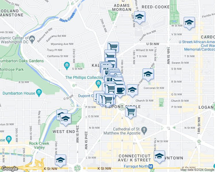 map of restaurants, bars, coffee shops, grocery stores, and more near 2009 Hillyer Place Northwest in Washington