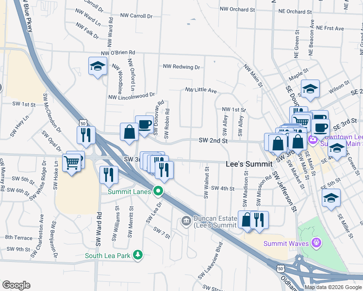 map of restaurants, bars, coffee shops, grocery stores, and more near 607 Southwest 2nd Street in Lee's Summit