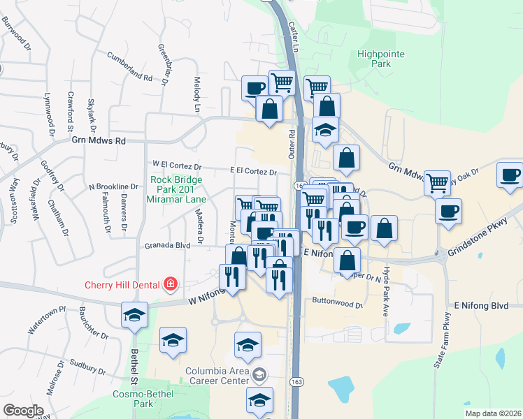map of restaurants, bars, coffee shops, grocery stores, and more near 3605 South Providence Road in Columbia