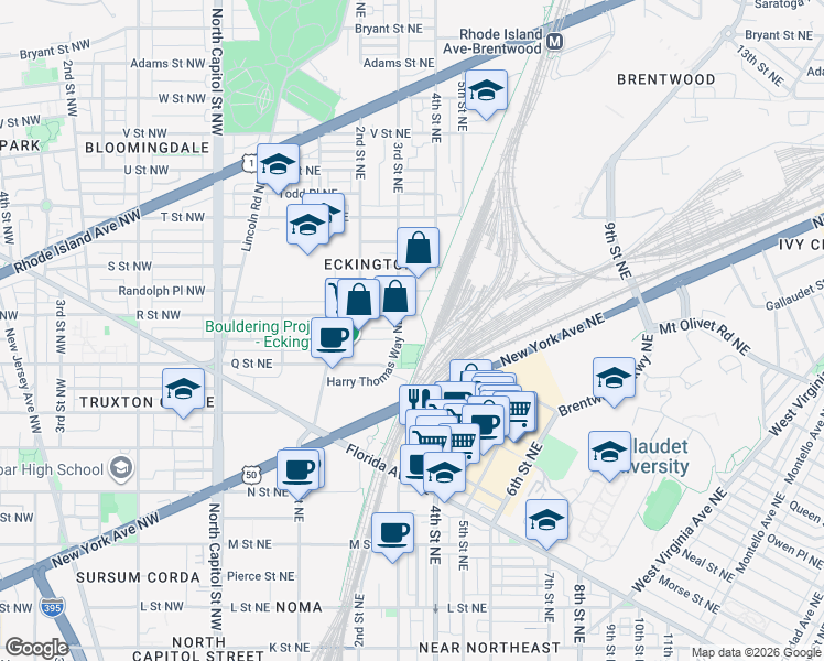 map of restaurants, bars, coffee shops, grocery stores, and more near 1501 Harry Thomas Way Northeast in Washington