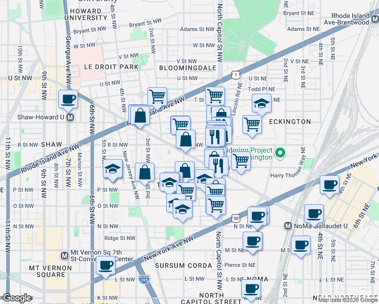 map of restaurants, bars, coffee shops, grocery stores, and more near 101 Independence Avenue Southeast in Washington