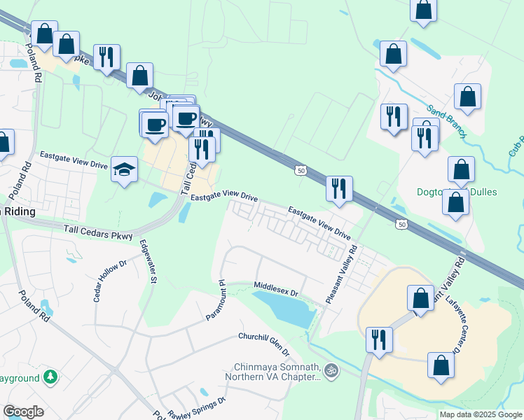 map of restaurants, bars, coffee shops, grocery stores, and more near Feltre Terrace in Chantilly