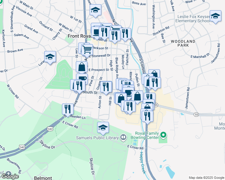 map of restaurants, bars, coffee shops, grocery stores, and more near 237 Short Street in Front Royal