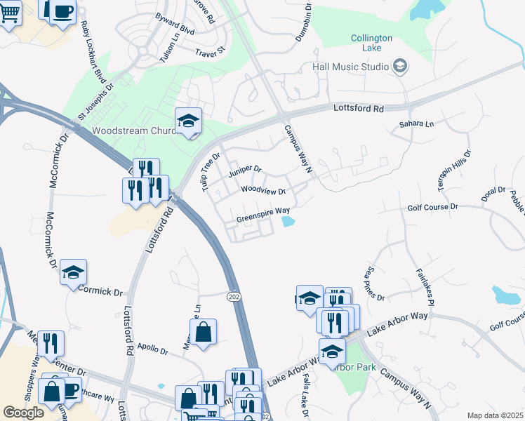 map of restaurants, bars, coffee shops, grocery stores, and more near 10016 Greenspire Way in Bowie