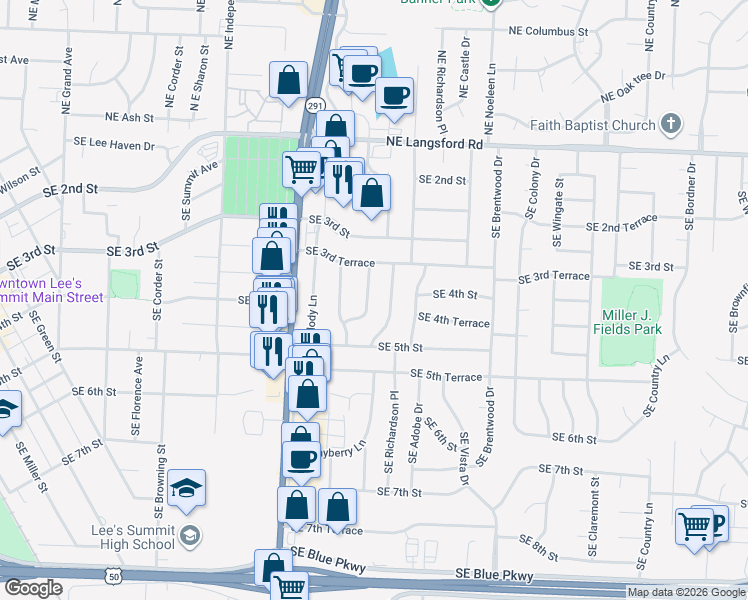 map of restaurants, bars, coffee shops, grocery stores, and more near 323 Southeast Ridgeview Drive in Lee's Summit