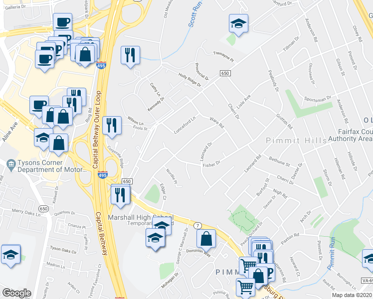 map of restaurants, bars, coffee shops, grocery stores, and more near 7627 Lisle Avenue in Falls Church
