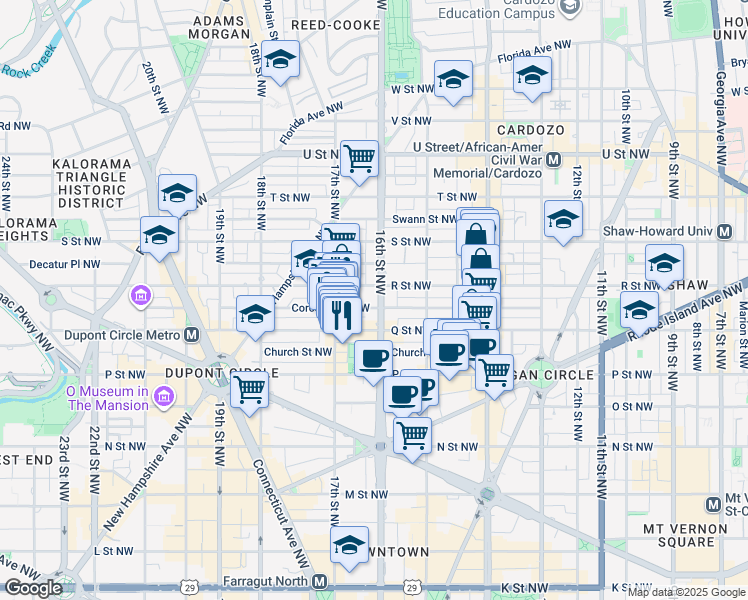 map of restaurants, bars, coffee shops, grocery stores, and more near 1634 16th Street Northwest in Washington