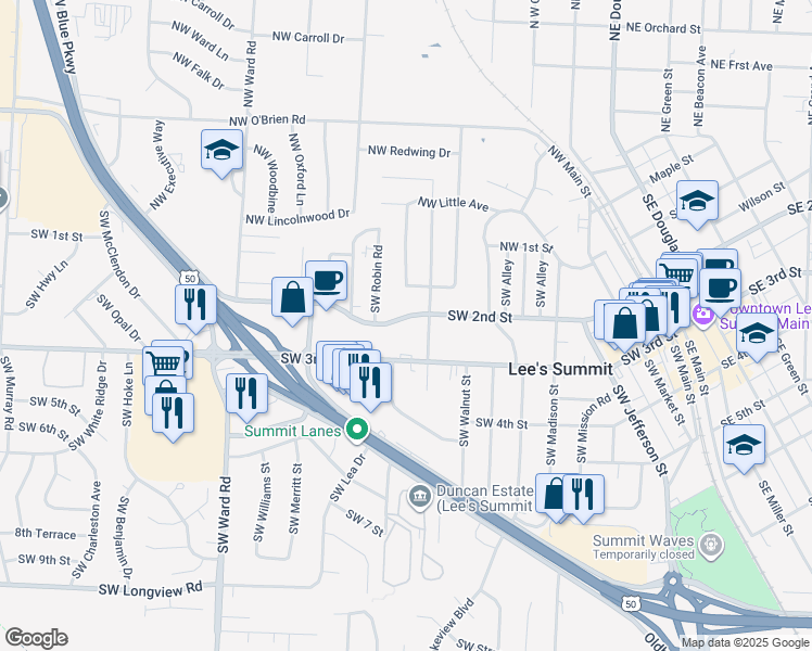map of restaurants, bars, coffee shops, grocery stores, and more near 526 Southwest 3rd Street in Lee's Summit