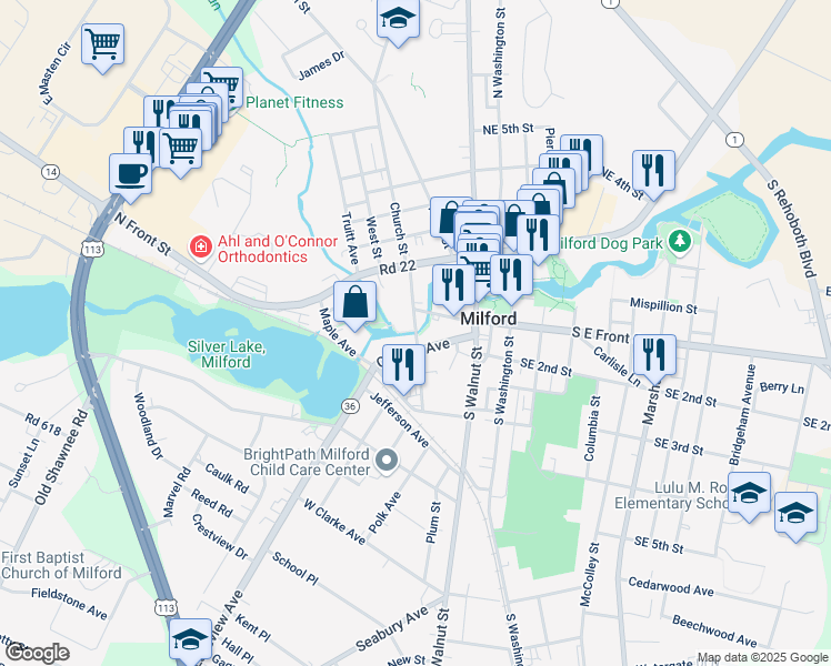 map of restaurants, bars, coffee shops, grocery stores, and more near 6 Church Street in Milford
