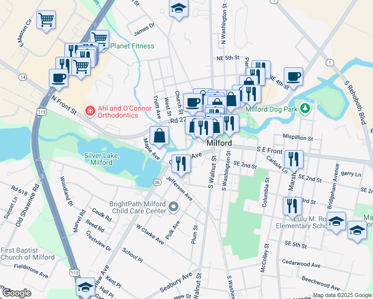 map of restaurants, bars, coffee shops, grocery stores, and more near 6 Church Street in Milford