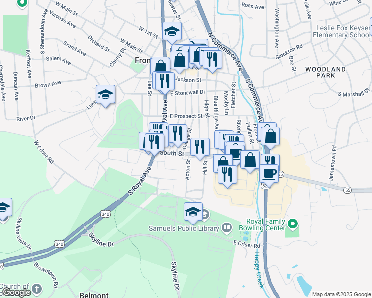 map of restaurants, bars, coffee shops, grocery stores, and more near 402 Osage Street in Front Royal