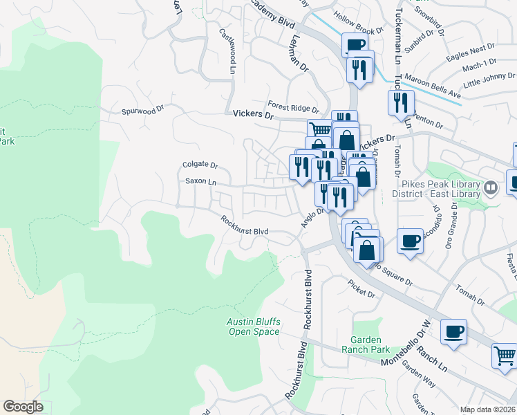 map of restaurants, bars, coffee shops, grocery stores, and more near 1910 Erin Loop in Colorado Springs