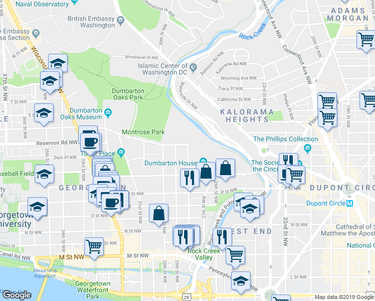 map of restaurants, bars, coffee shops, grocery stores, and more near 2720 28th Street Northwest in Washington