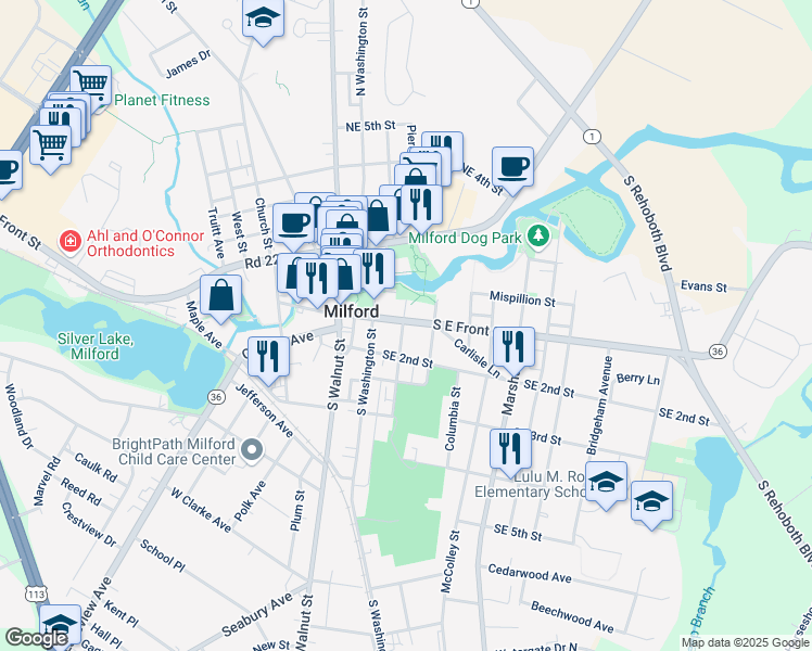 map of restaurants, bars, coffee shops, grocery stores, and more near 200 South East Front Street in Milford
