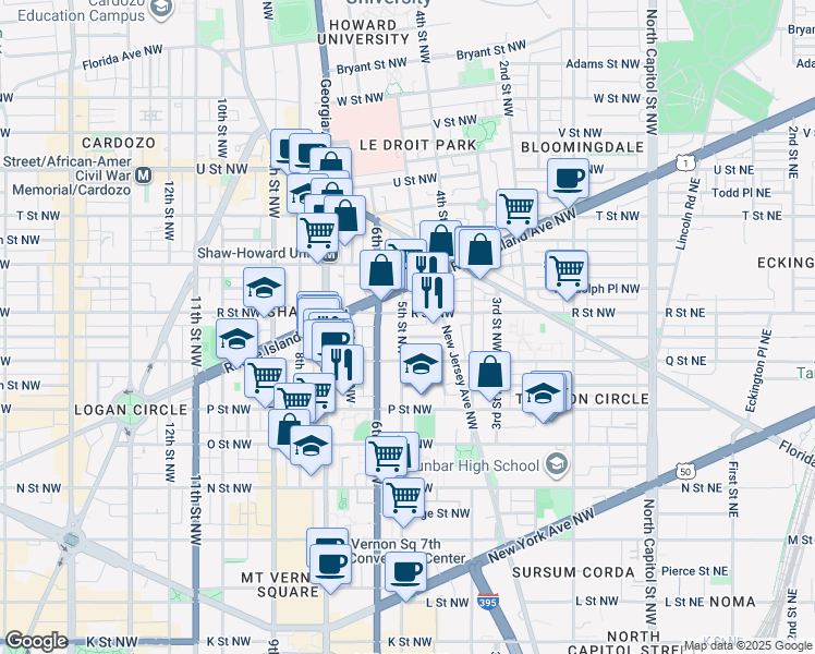 map of restaurants, bars, coffee shops, grocery stores, and more near 1627 5th Street Northwest in Washington