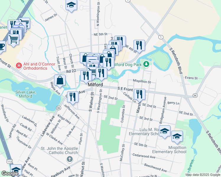 map of restaurants, bars, coffee shops, grocery stores, and more near 200 South East Front Street in Milford