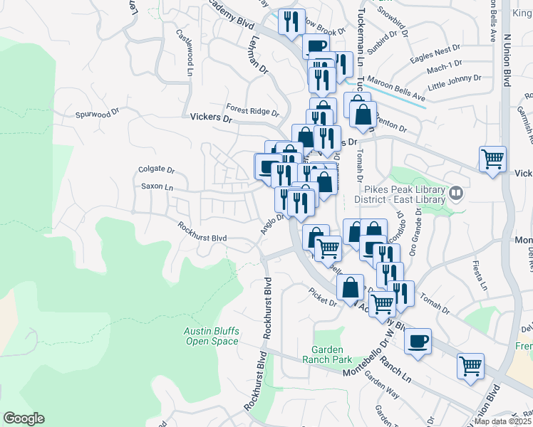 map of restaurants, bars, coffee shops, grocery stores, and more near 1996 Erin Loop in Colorado Springs