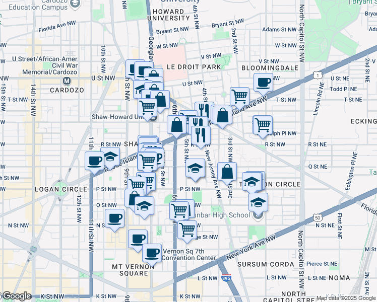 map of restaurants, bars, coffee shops, grocery stores, and more near 1627 5th Street Northwest in Washington