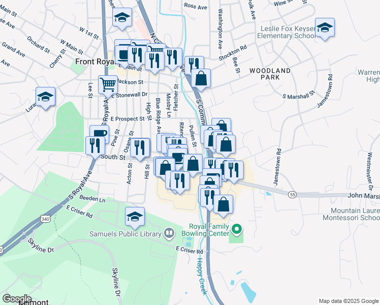 map of restaurants, bars, coffee shops, grocery stores, and more near 514 Short Street in Front Royal