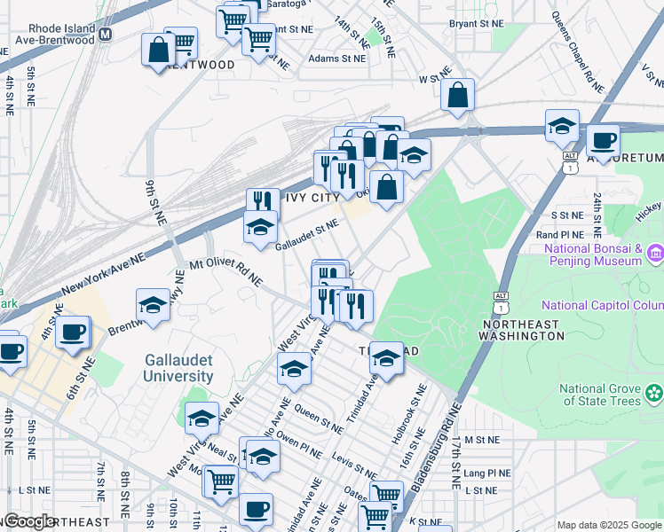 map of restaurants, bars, coffee shops, grocery stores, and more near 1910 Capitol Avenue Northeast in Washington