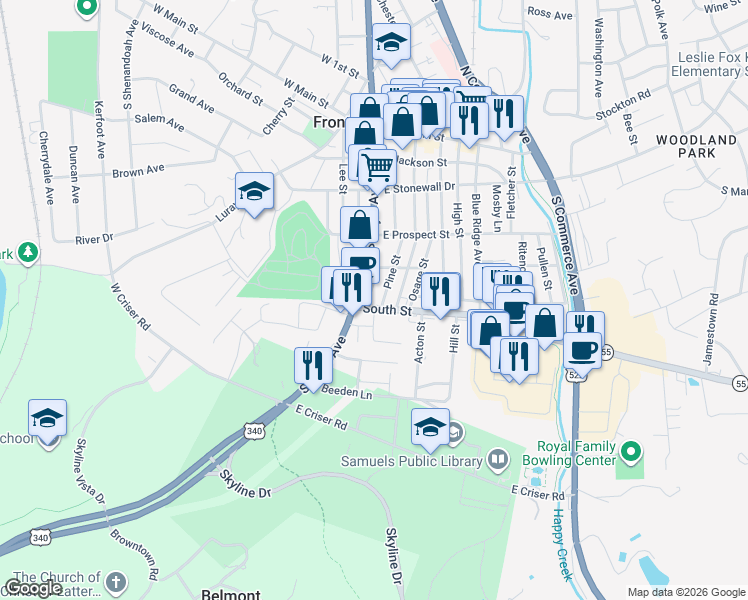 map of restaurants, bars, coffee shops, grocery stores, and more near 19 Tourist Street in Front Royal