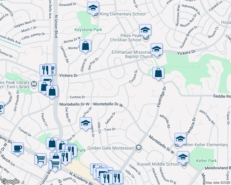 map of restaurants, bars, coffee shops, grocery stores, and more near 3225 Cortina Drive in Colorado Springs
