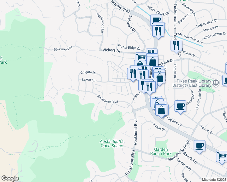 map of restaurants, bars, coffee shops, grocery stores, and more near 1910 Erin Loop in Colorado Springs