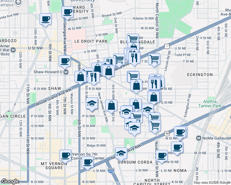 map of restaurants, bars, coffee shops, grocery stores, and more near 101 Independence Avenue Southeast in Washington
