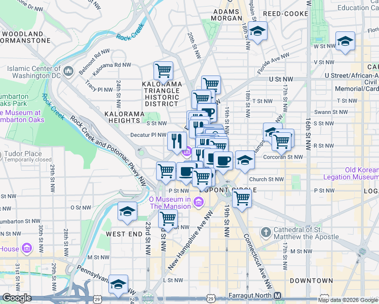 map of restaurants, bars, coffee shops, grocery stores, and more near 1621 21st Street Northwest in Washington
