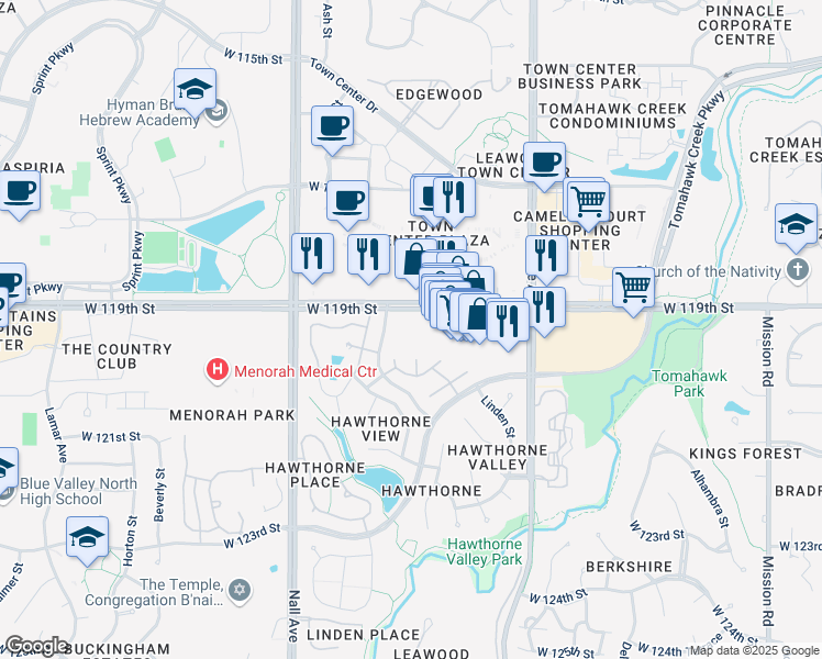 map of restaurants, bars, coffee shops, grocery stores, and more near 12037 Juniper Street in Leawood