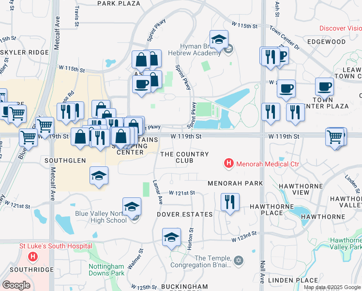 map of restaurants, bars, coffee shops, grocery stores, and more near 6101 West 119th Street in Overland Park